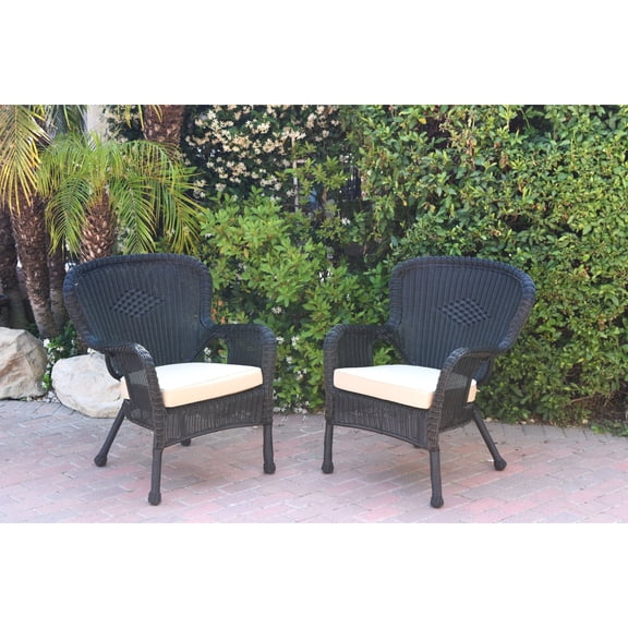 Jeco Set of 2 Windsor Black Resin Wicker Chair with Tan Cushions