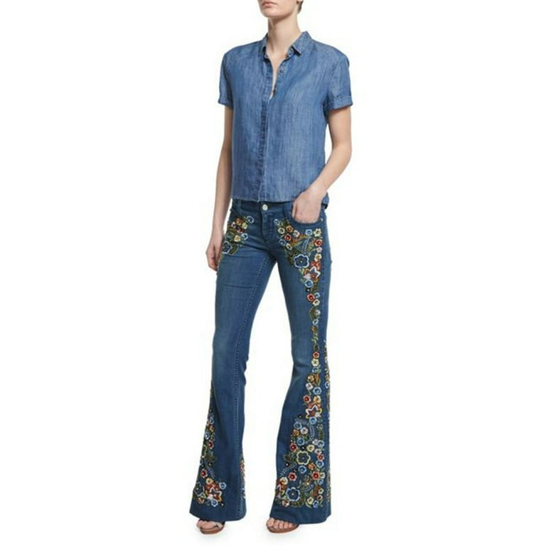 qolati Women's Flare Bell Bottom Jeans Imitation Denim