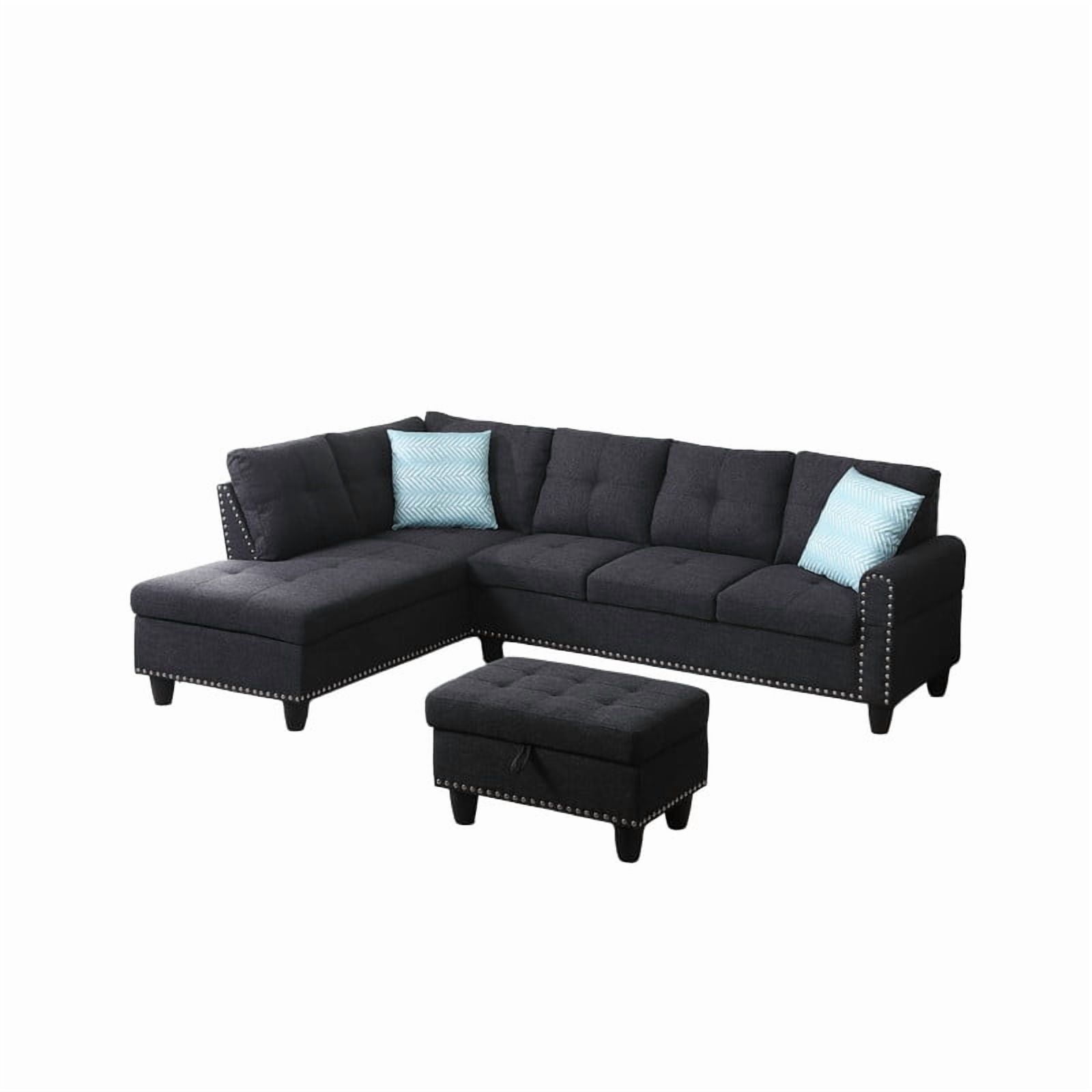 98" L-Shaped Sectional Sofa with Storage Ottoman, 4-Seat Linen Upholstered Modular Couch with Left Chaise, Drop-Down Backrest with Cup Holders, Nailhead Trim, 3-Piece Sofa Set for Living Room, Office