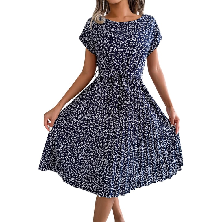 JAKANYQ Womens Dress Summer Midi Dress Small Petite Floral Print Short Sleeve Temperament High Waist Pleated Swing Dresses With Belt Ladies Soft Vacation Swing Flowy Bohemian Chic Dailywear - Walmart.com JAKANYQ Womens Dress Summer Midi Dress Small Petite Floral Print Short Sleeve Temperament High Waist Pleated Swing Dresses With Belt Ladies Soft Vacation Swing Flowy Bohemian Chic Dailywear - Walmart.com