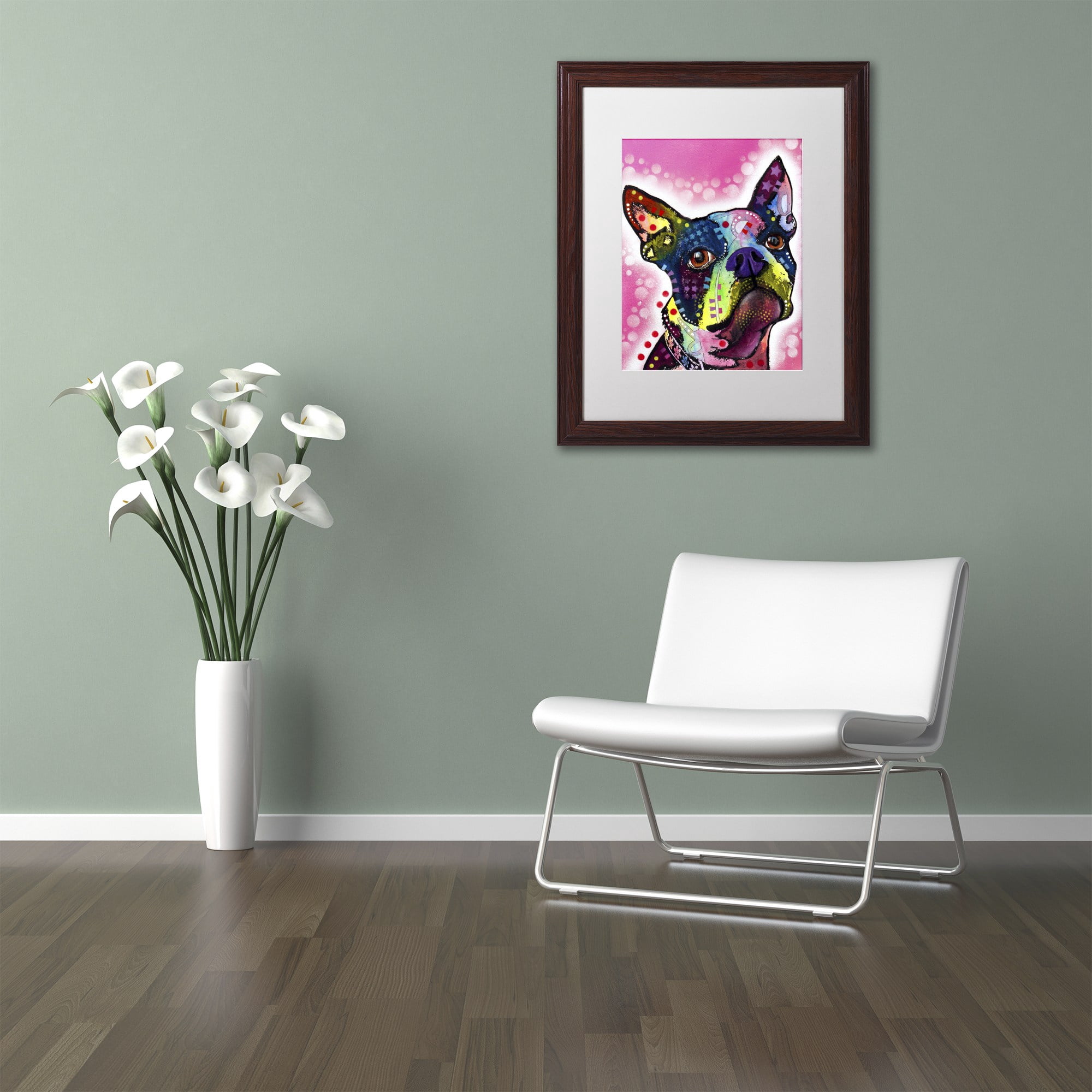 Trademark Fine Art "Boston Terrier" Canvas Art by Dean Russo, White Matte, Wood Frame