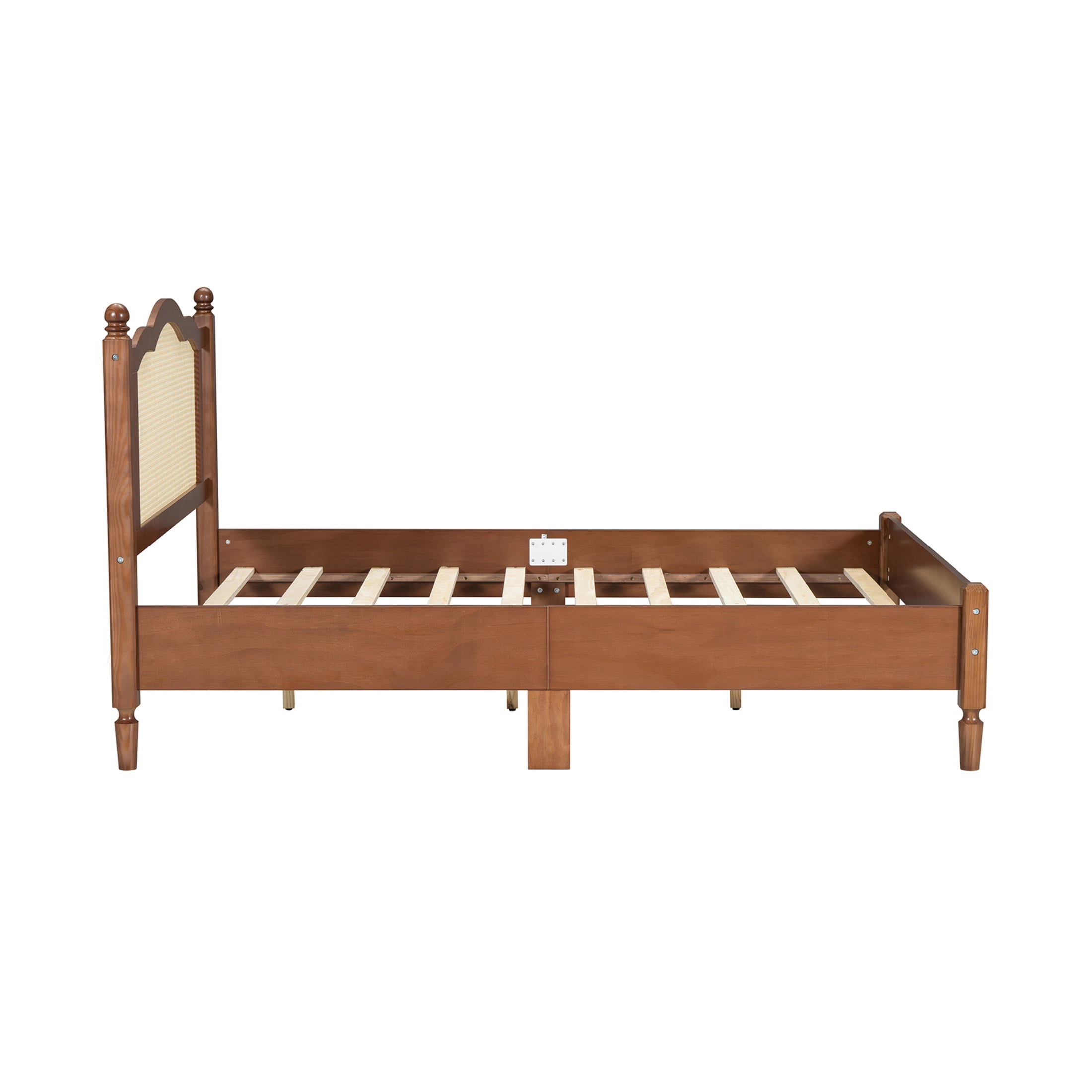 Noble House Full Size Wooden Platform Bed with Natural Rattan Headboard,Wooden Slat Support,Walnut