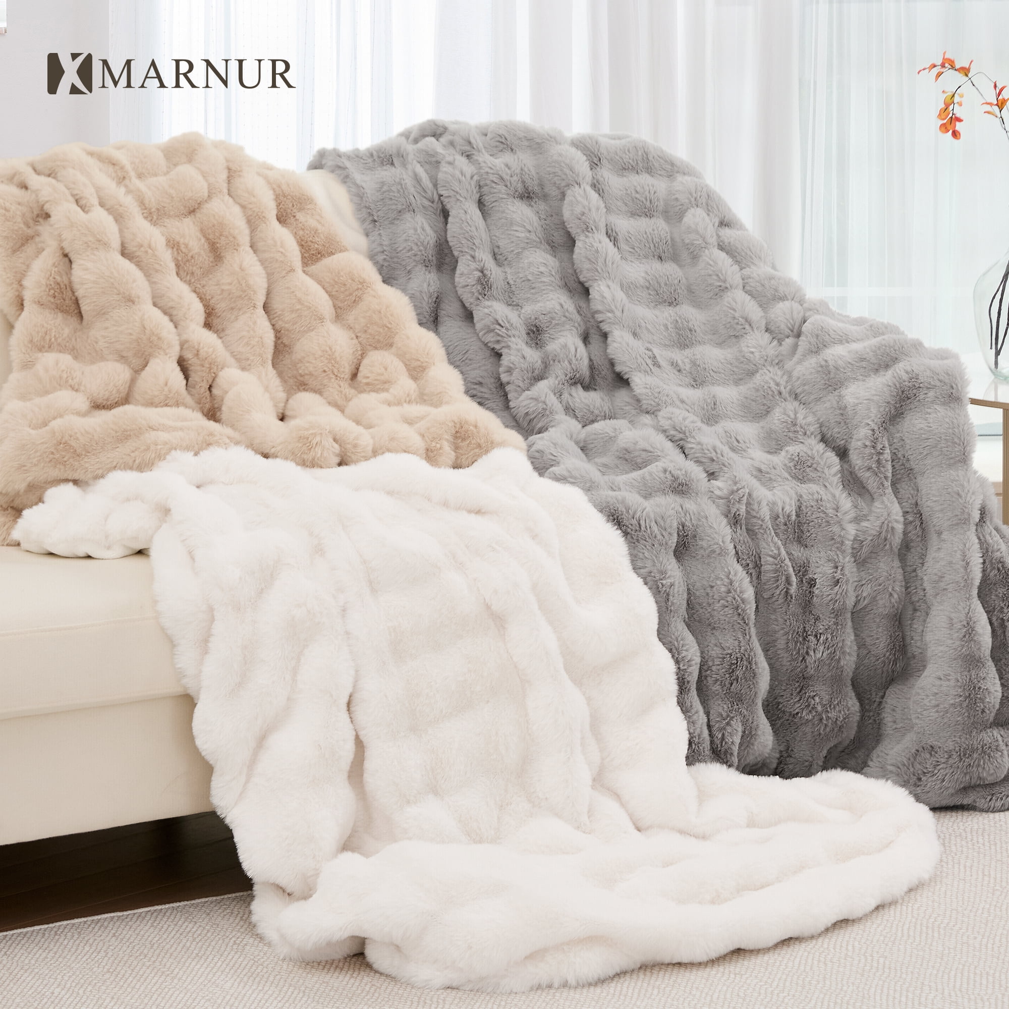 MARNUR Electric Throw Blanket 50"x60", Faux Fur Heated Throw, 6 Heating Levels, 4 Hours Timer - White