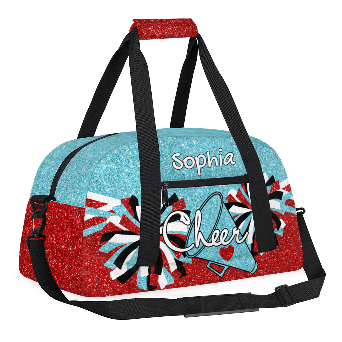 Jiaoprinted Personalized Sport Duffel Bag, Custom Cheer Dance Bag with Name, Customized Sport Gym Bag for Cheerleaders, Travel Duffle Bag for Women, Blue Red Glitter