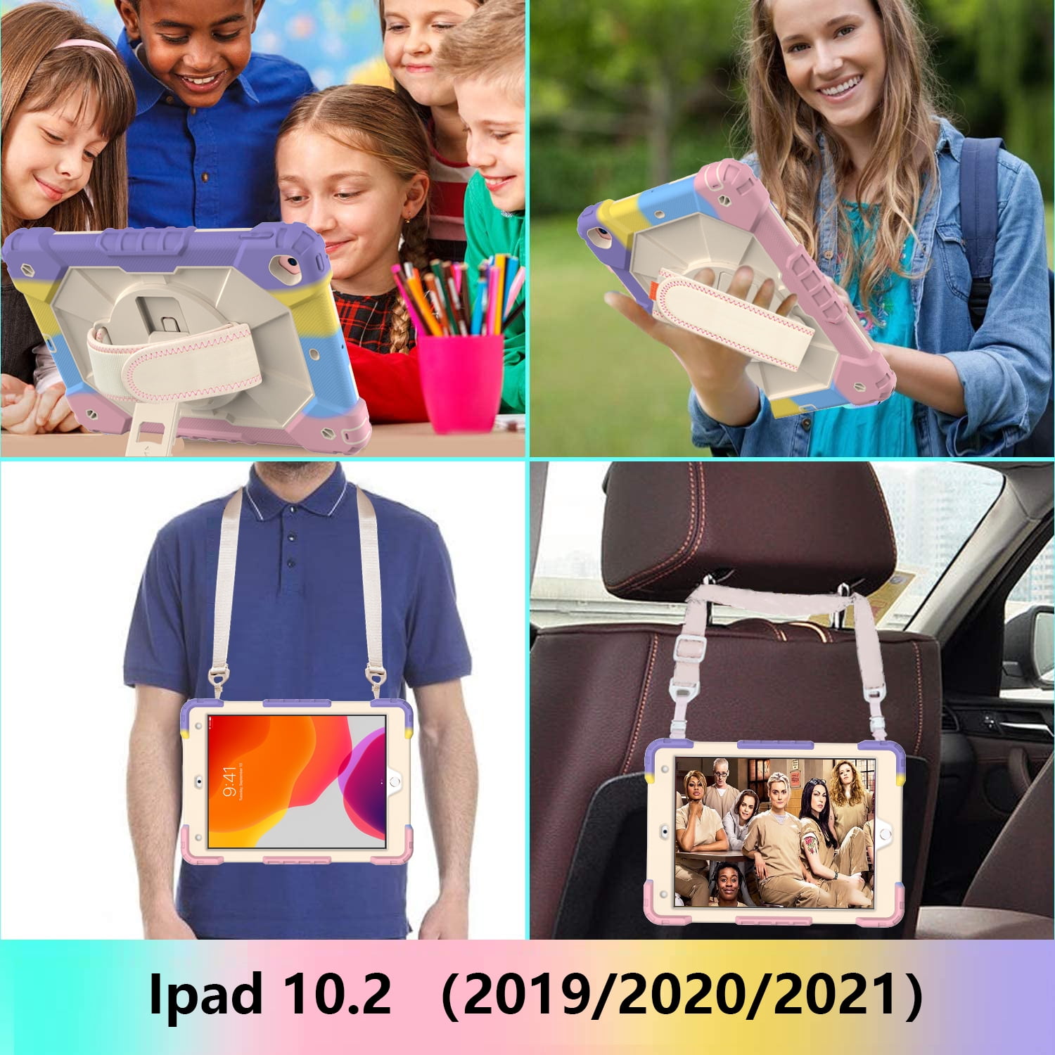 Case for iPad 9.7-inch 2018/2017, iPad Air 2 Case, iPad Pro 9.7 Cover, Kids Shockproof Rugged Hybrid 360 Rotating Stand Cover with Hand Shoulder Strap/Pencil Holder
