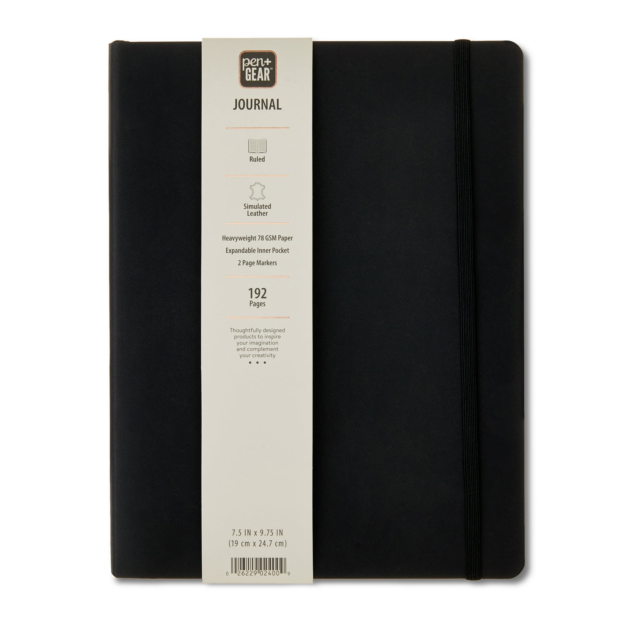 Pen+Gear Simulated Leather Journal, Black, 7.5 in x 9.75 in, 192 Ruled Pages