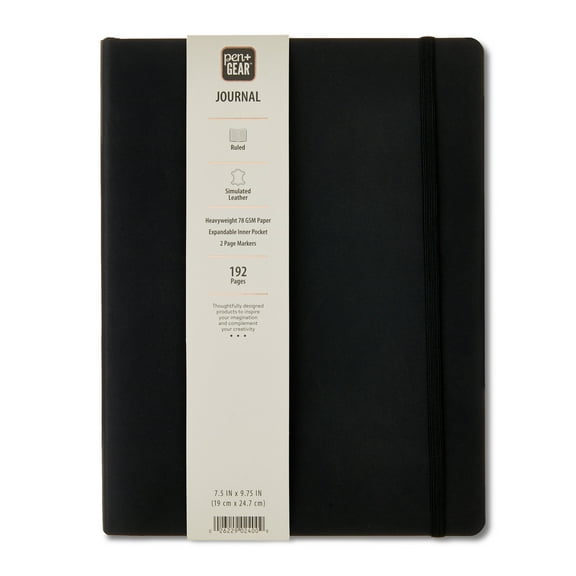 Pen+Gear Simulated Leather Journal, Black, 7.5" x 9.75", 192 Ruled Pages