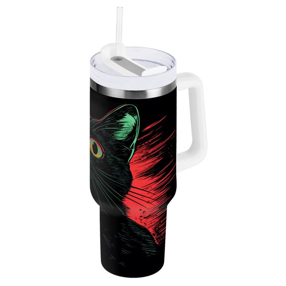Ryvnso 40 oz Tumbler with Handle and Straw Insulated Stainless Steel Travel Mug with Lid A Black Cat
