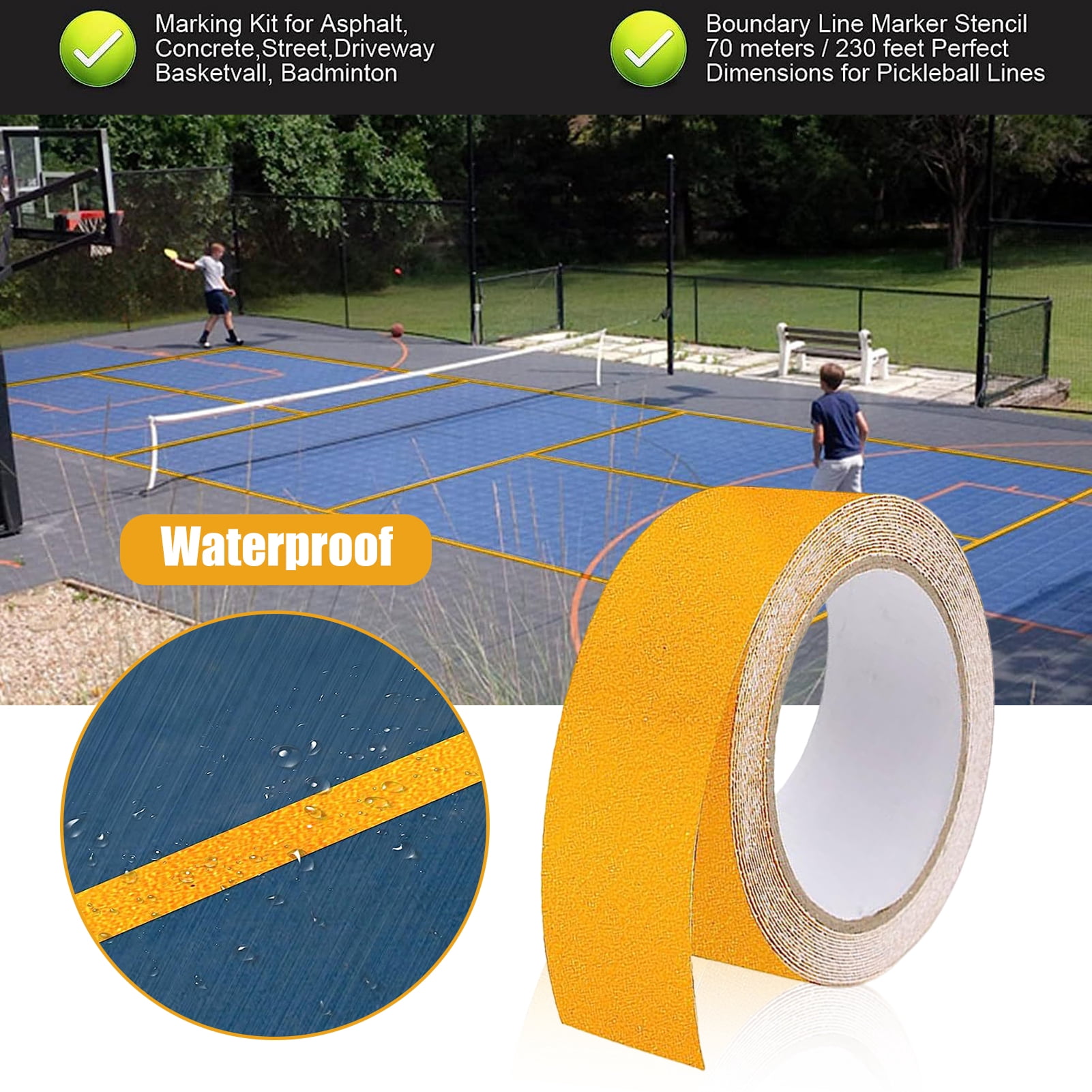 Opolski 1 Roll Outdoor Pickleball Court Marking Tape Badminton Gym Limit Marking Non-slip Tape Sports Field Boundary Tape for Basketball Tennis Pickleball Court Yellow