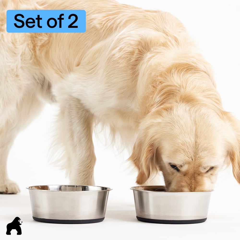 GORILLA GRIP Dog Bowl Set of 2, Food Grade 304 Stainless Steel, Silicone Base, Holds 2 Cups, Black