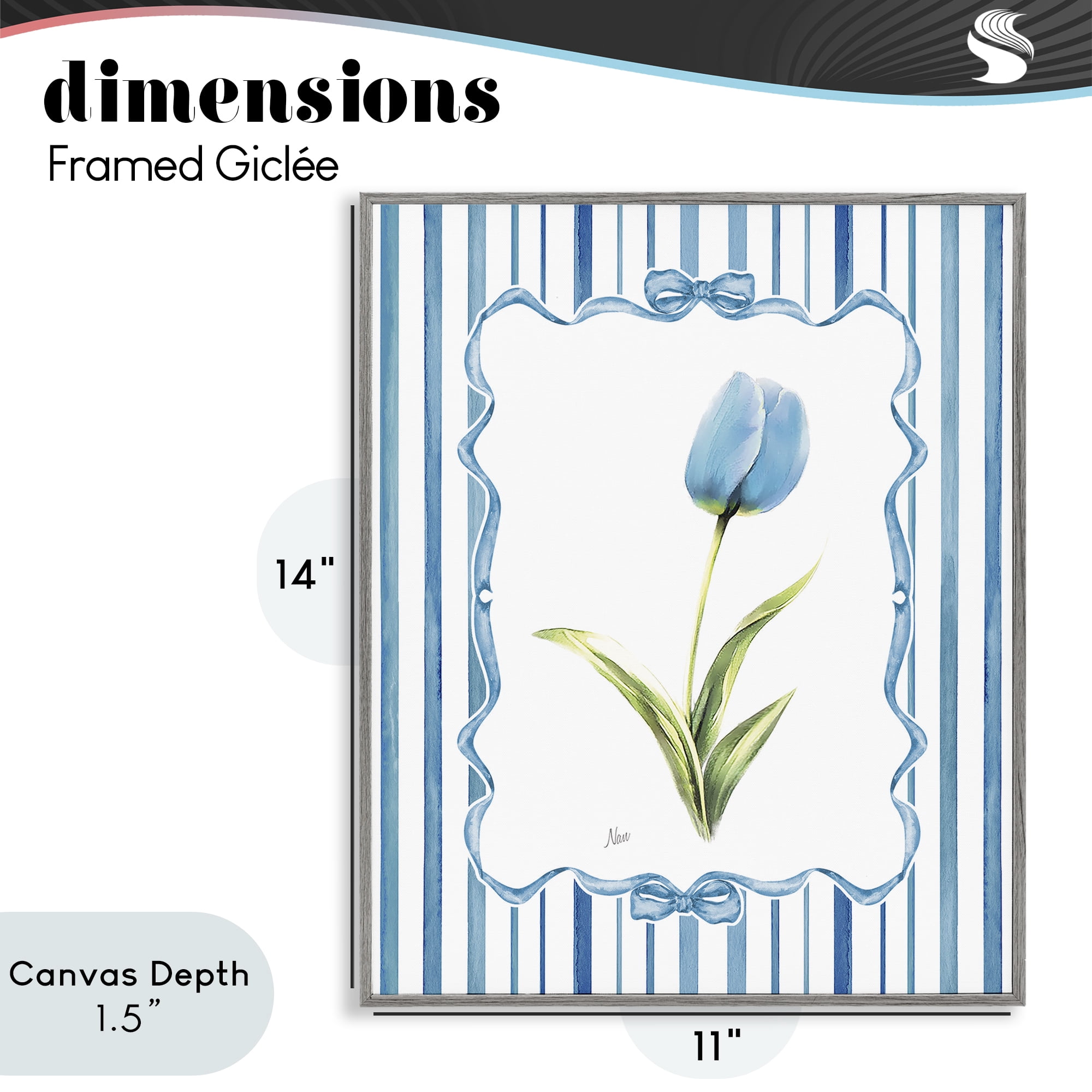 Stupell Industries Blue Tulip & Ribbon Border Gray Framed Giclee Art, design by Nan