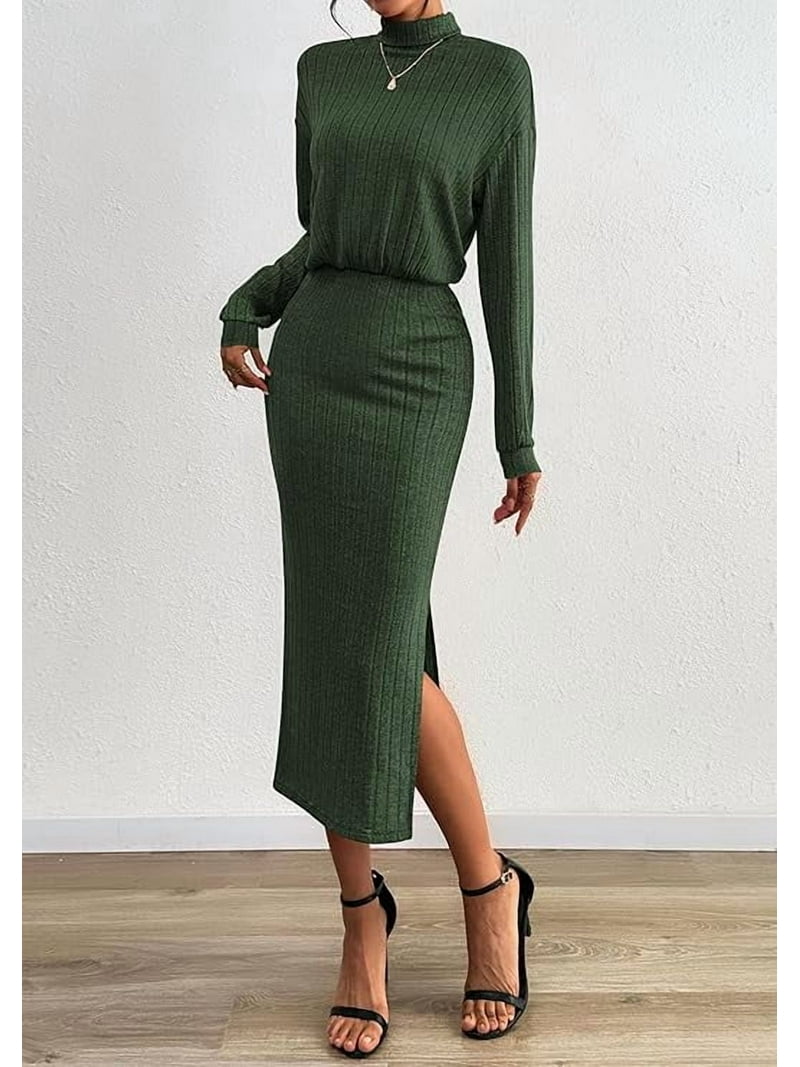 PRETTYGARDEN Turtle Neck Dresses for Women Fall Knit Outfits Slit Elastic  Waist Long Sleeve Bodycon Midi Sweater Dress - Walmart.com