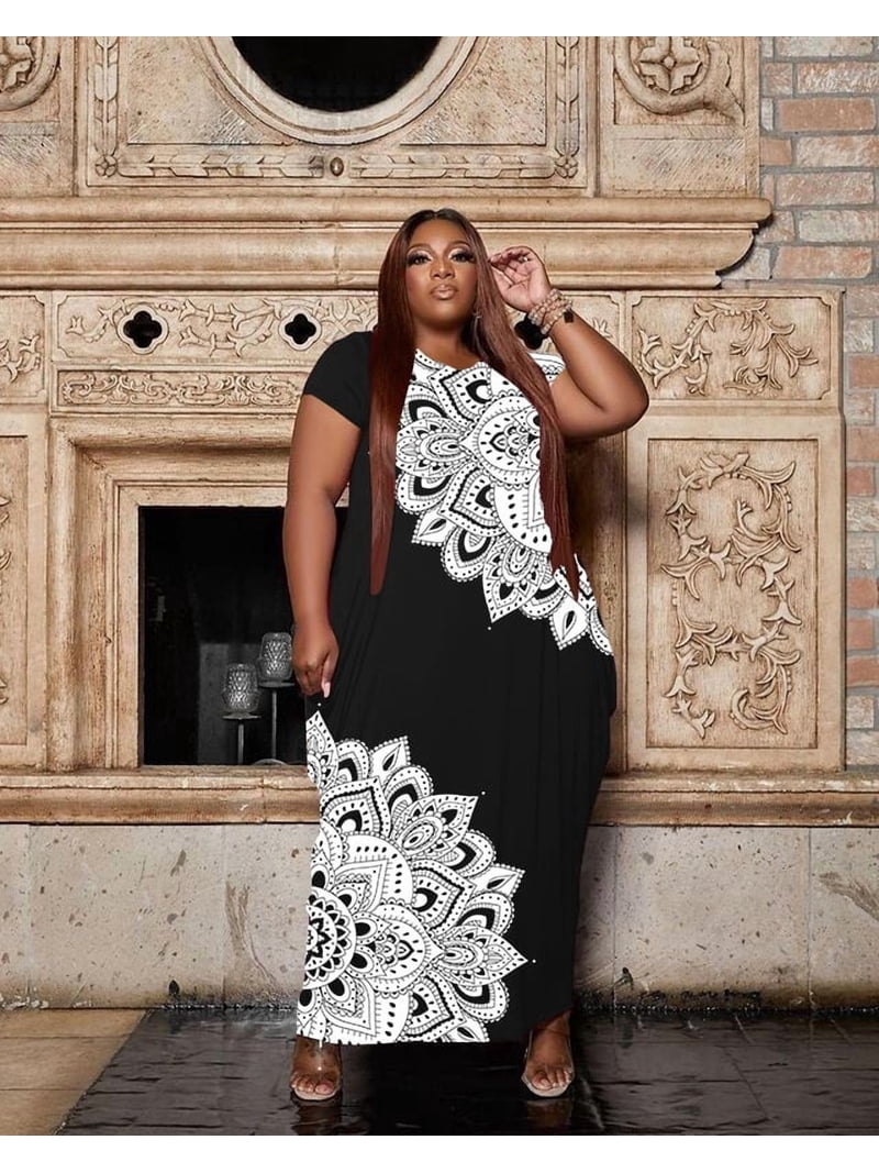 plus size maxi dresses black and white Oversize Tshirt Dress Short Sleeve Dress with Pockets XL Polyester Lining PSD3897-A Torrid Wireless Side Cinch Size:EU 36/US 6