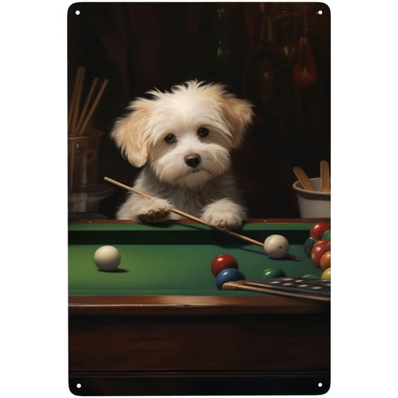 Adorable Puppy Billiards Metal Tin Sign, 12 x 8 Inch Vintage Pool Table Wall Decor for Game Room, Bar, Man Cave, Billiards Room, Home