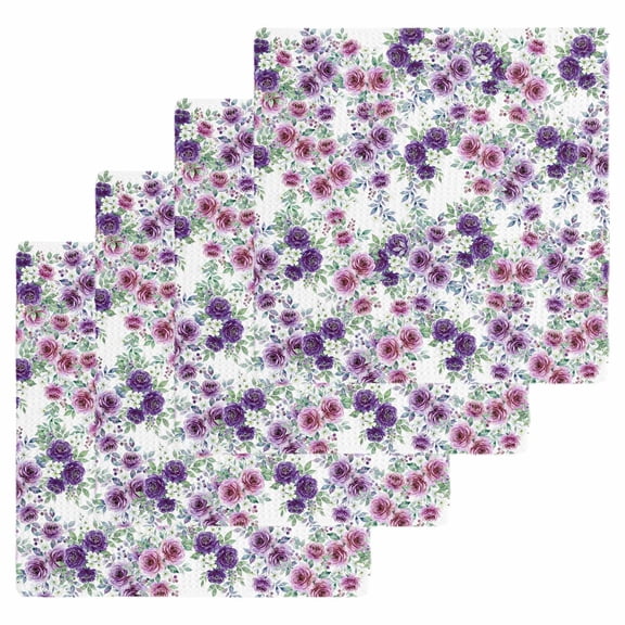 Purple Pink Roses Kitchen Dish Towels for Drying Dishes Set of 4, Spring Floral Elegant Pastoral Botanical Waffle Weave Microfiber Hand Tea Bathroom Towels Quick Dry & Absorbent Towel 12x12