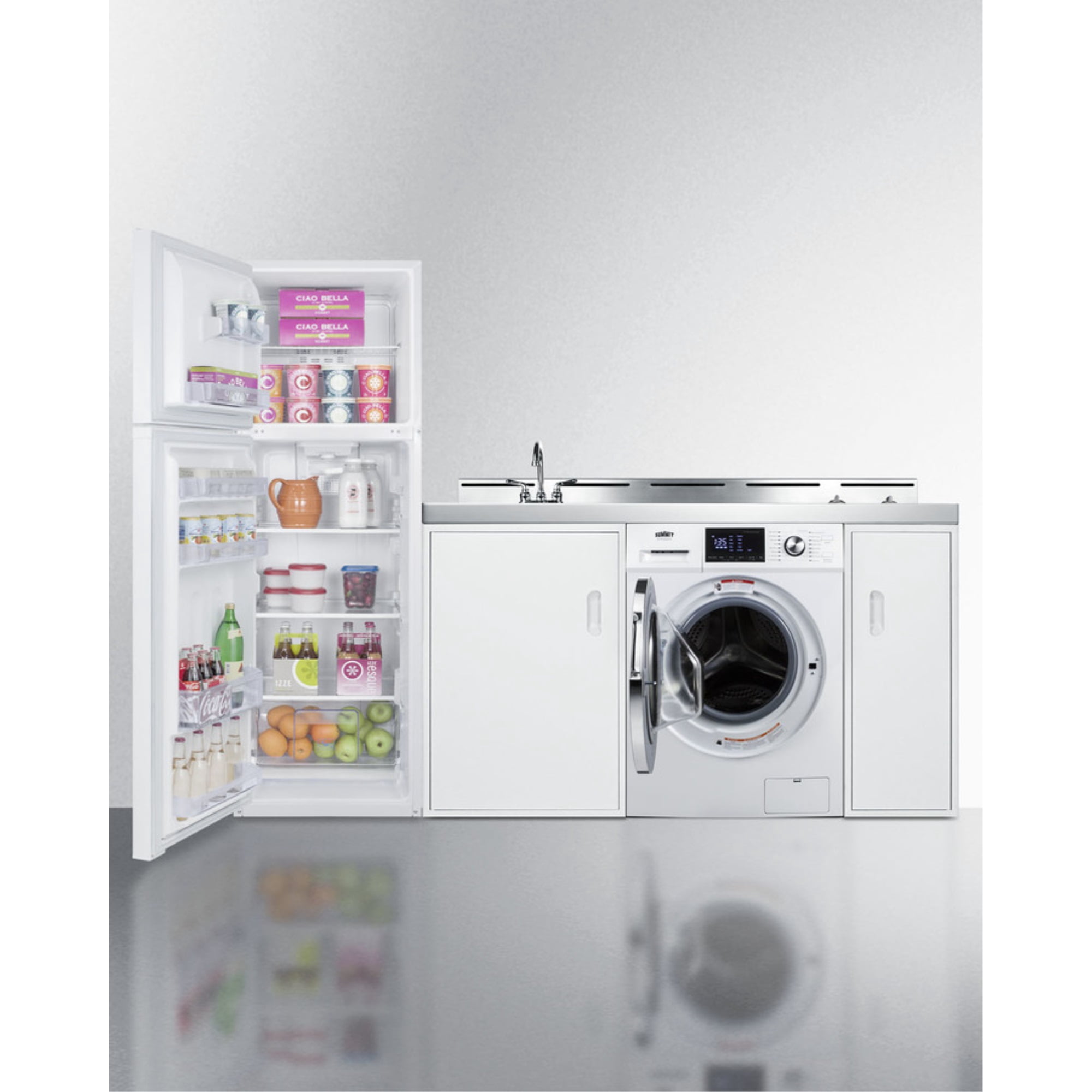 All-in-one combination kitchenette with full-sized refrigerator-freezer, 115V combo washer/dryer, sink, storage cabinet, and 2-burner coil cooktop