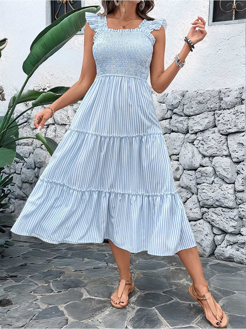 boho striped dress Smocked Striped Wide Striped Midi Dress at Sophia's Style Sky Blue / XL