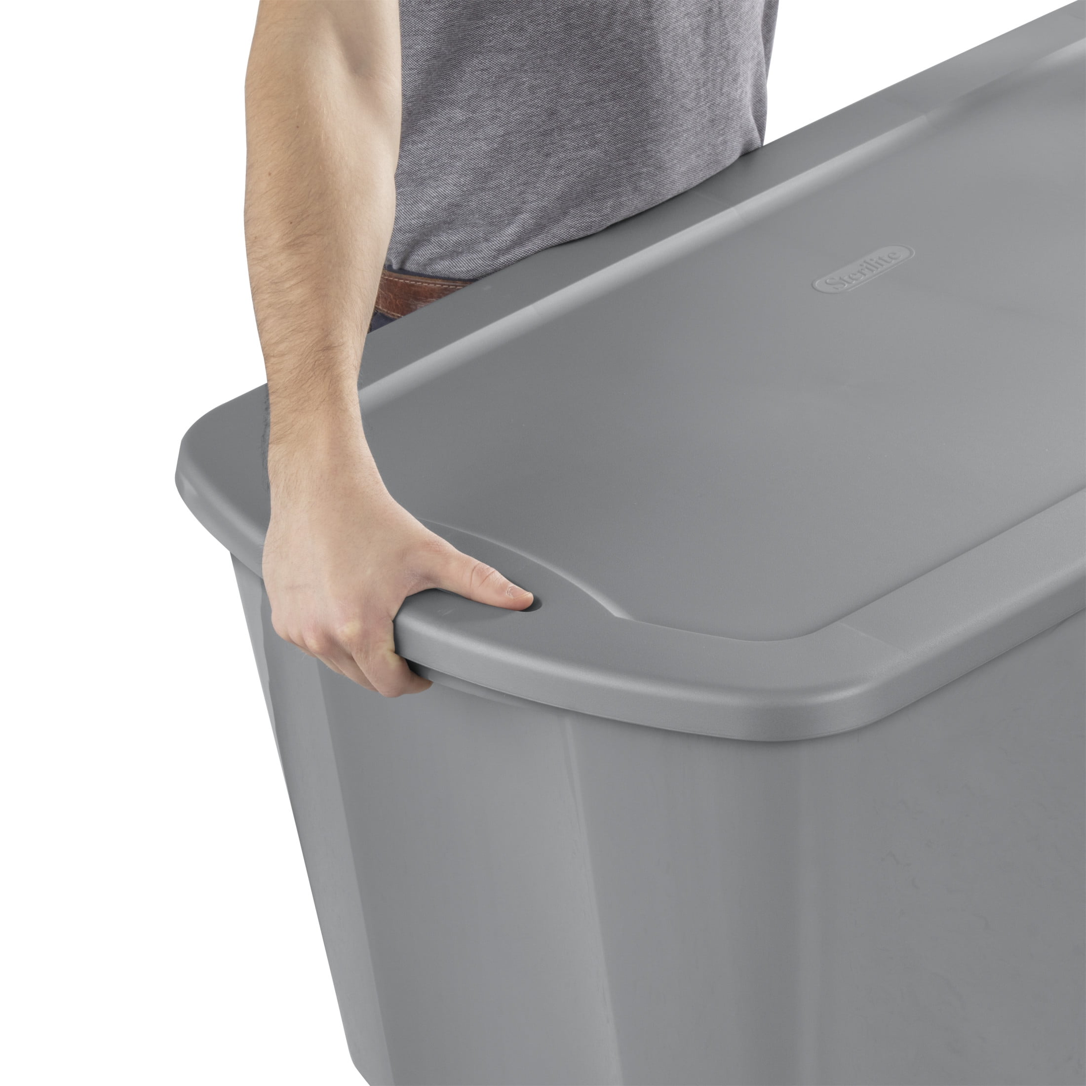 Sterilite 50 Gallon Tote, Plastic Storage Bin with Snap-on Lid, Gray, 4 Count