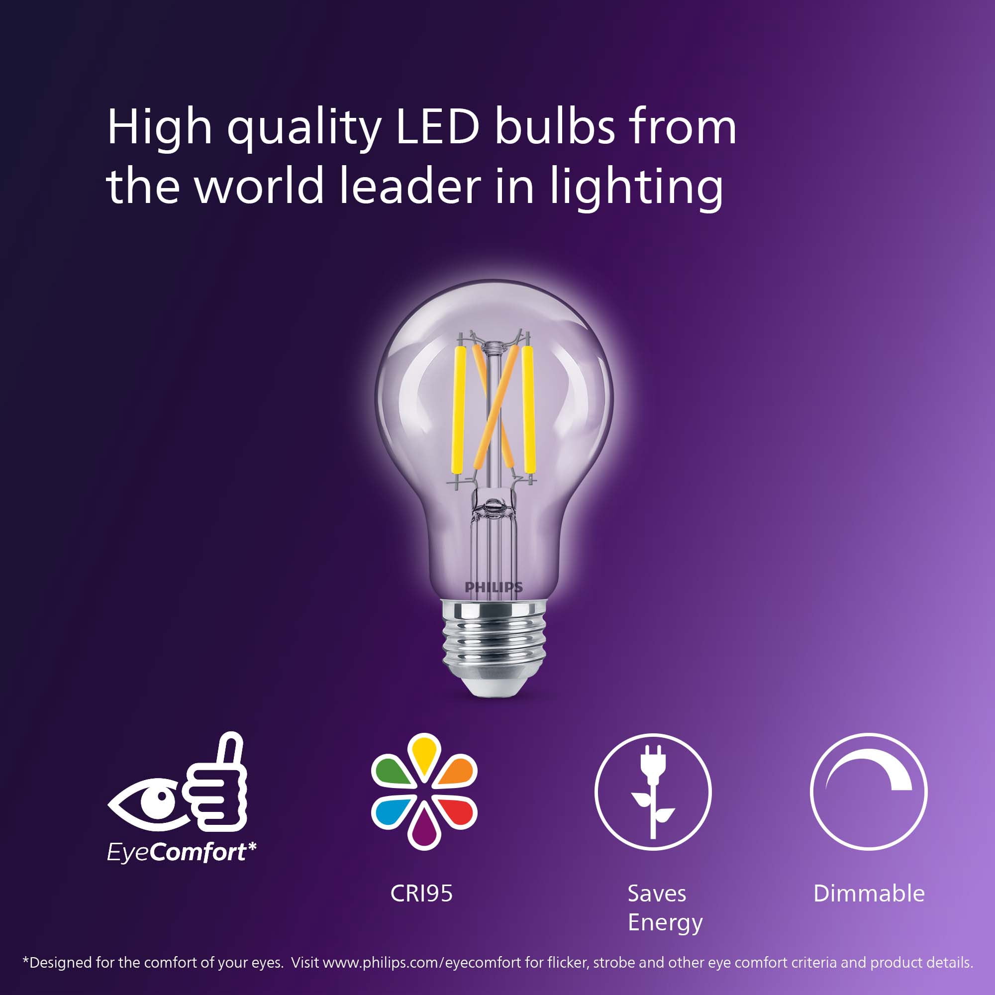 Philips Ultra Definition LED 60-Watt A19 Filament Light Bulb, Clear Daylight, Dimmable, E26 Medium Base (2-Pack)
