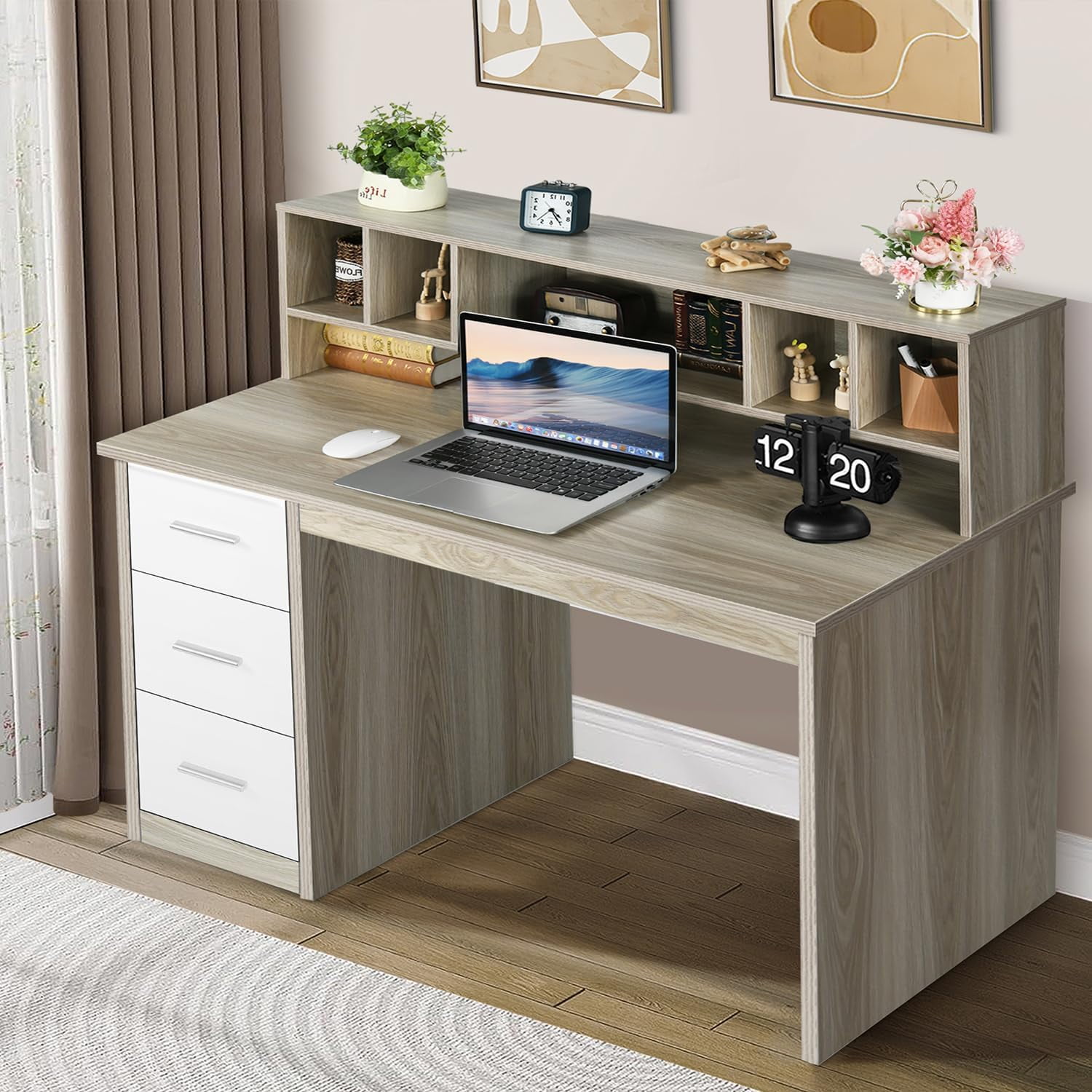 DreamCurship 47 in White Computer Desk, Home Office Desk with Hutch Shelf, Wood Study Writhing Desk with 3 Drawers for Home Office, Oak White