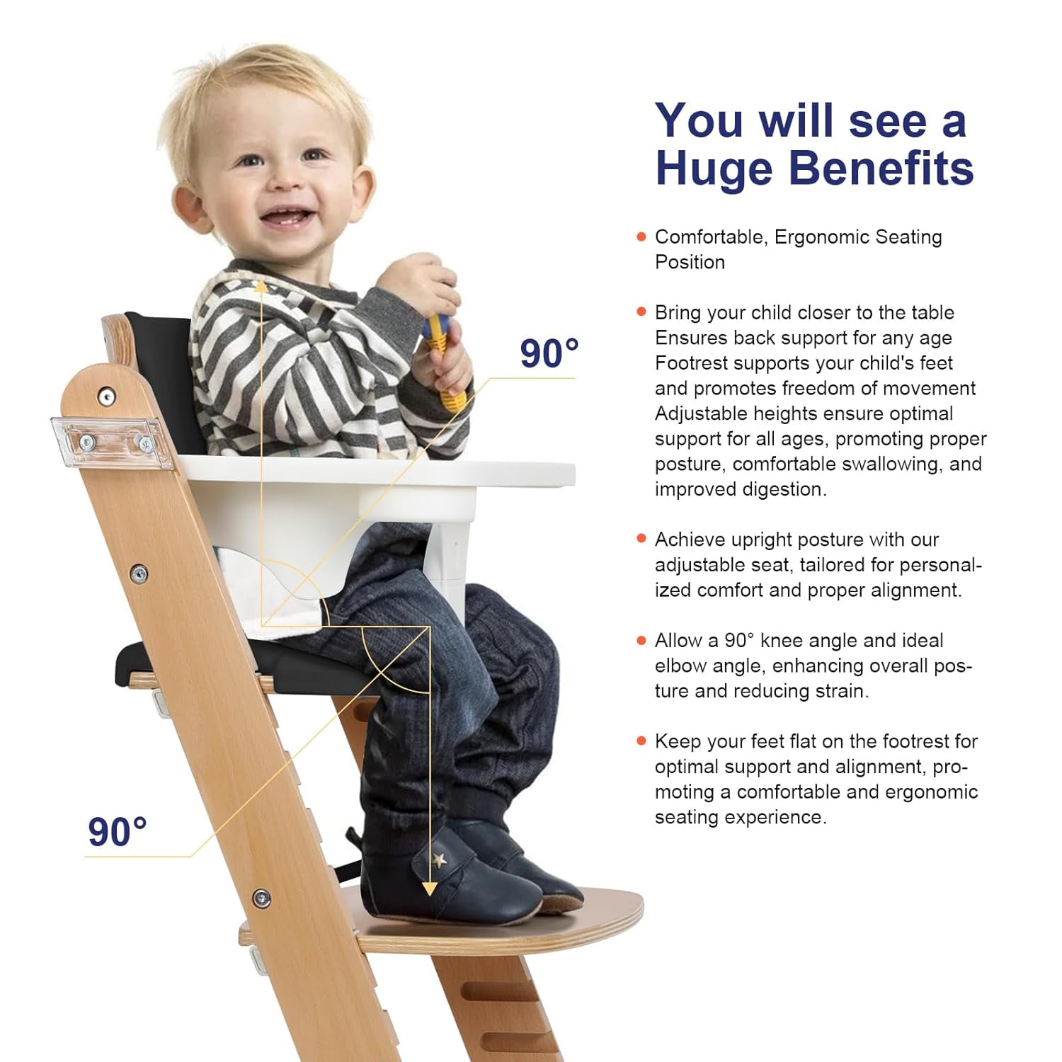 Cowiewie Wooden High Chair with 3 Tray, Toddler Feeding High Chair, 8 Height Adjustments, with Black Cushion and Harness