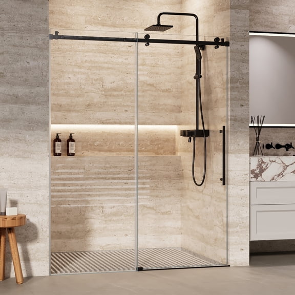 Towallmark Frameless Sliding Shower Door, 56-60"W x 75"H, 5/16 in   (8 mm) Clear Tempered Glass with Waterproof Seal, Square Black