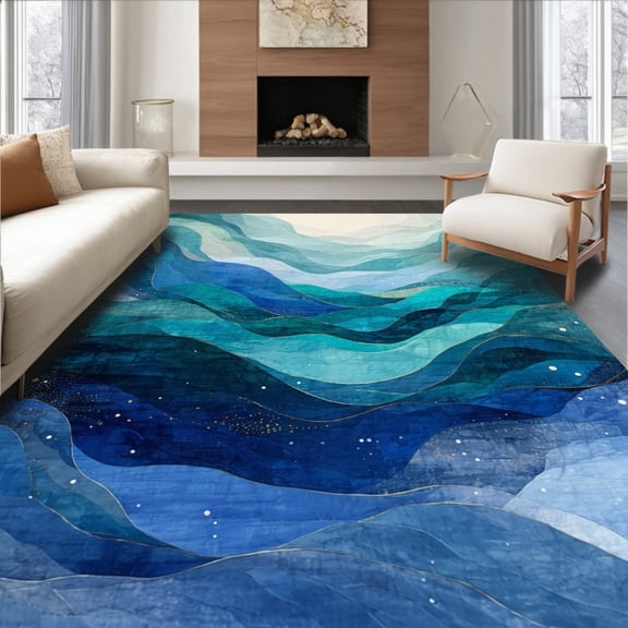 ODIKA 4'x6' Machine Washable Non-Slip Area Rug, Nautical Wave Flow with Abstract Ocean and Shell Embellishments High Traffic Rug, Blue, 38439