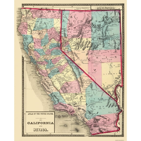 Historic State Map - California Nevada - 1872 - Vintage Wall Art