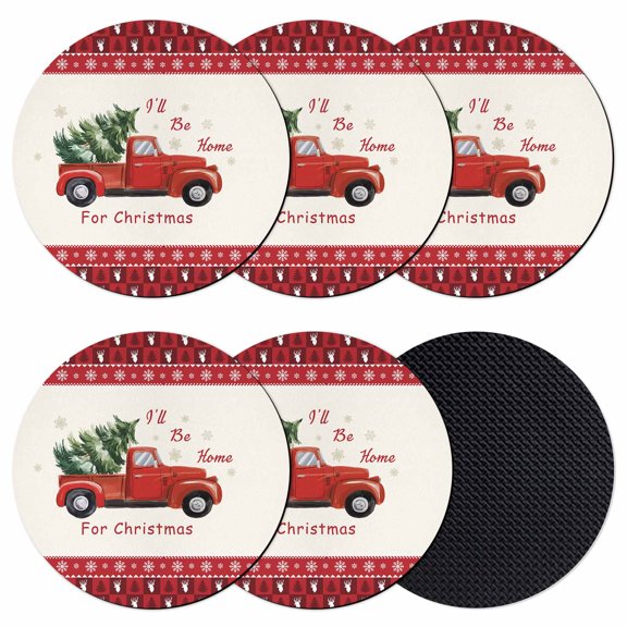 Red Christmas Truck Coasters Set of 6, Absorbent Coasters for Drinks, Xmas Tree Snowflake Plaid Holiday Coaster for Desk Coffee Table Protection, Home Decor House Warming Gifts 4"