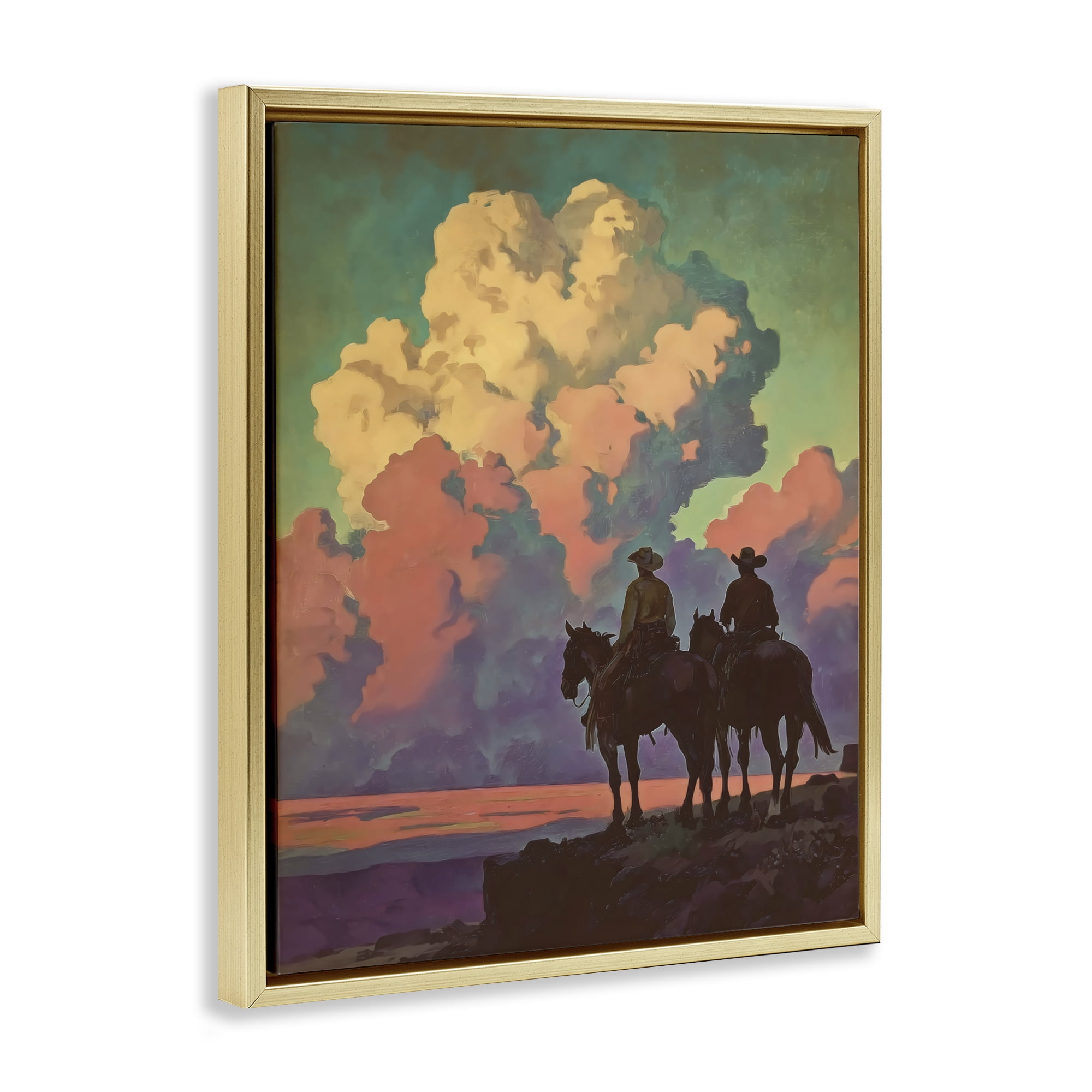 Stupell Industries Cowboys Silhouetted Against Clouds Gold Framed Floater Canvas Wall Art, design by Arlington Prints