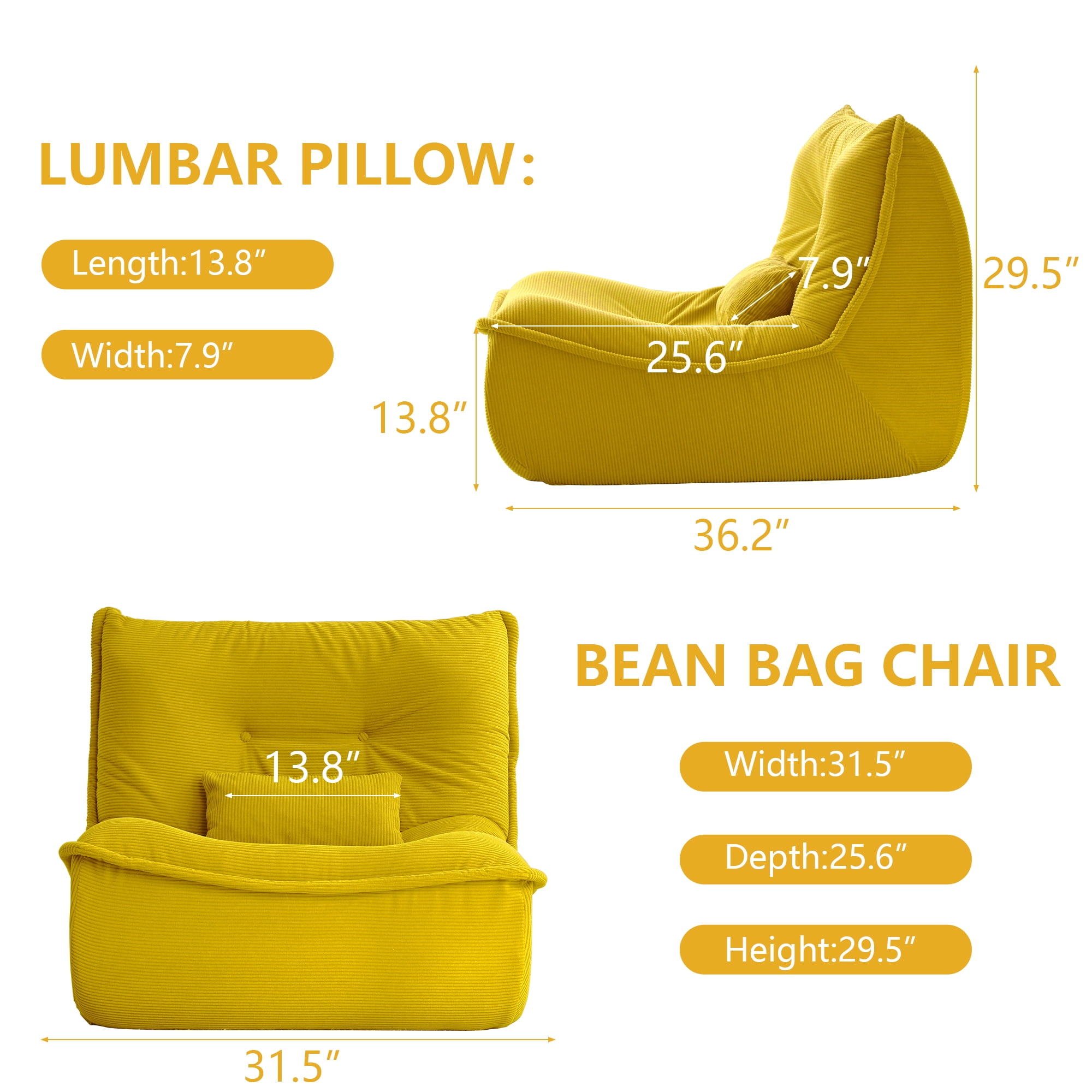 NBLDGT Bean Bag Chair for Adults, Single Lounge Chair with Lumbar Pillow, Comfy Floor Sofa with High-Resilience Foam, Lazy Accent Chair for Living Room, Bedroom, Apartment, Or Reading Corner, Yellow