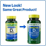 Spring Valley Extra Strength Vitamin D3 Softgels, 125 mcg (5000 IU), 250 Count, Supplement for Bone and Immune Health