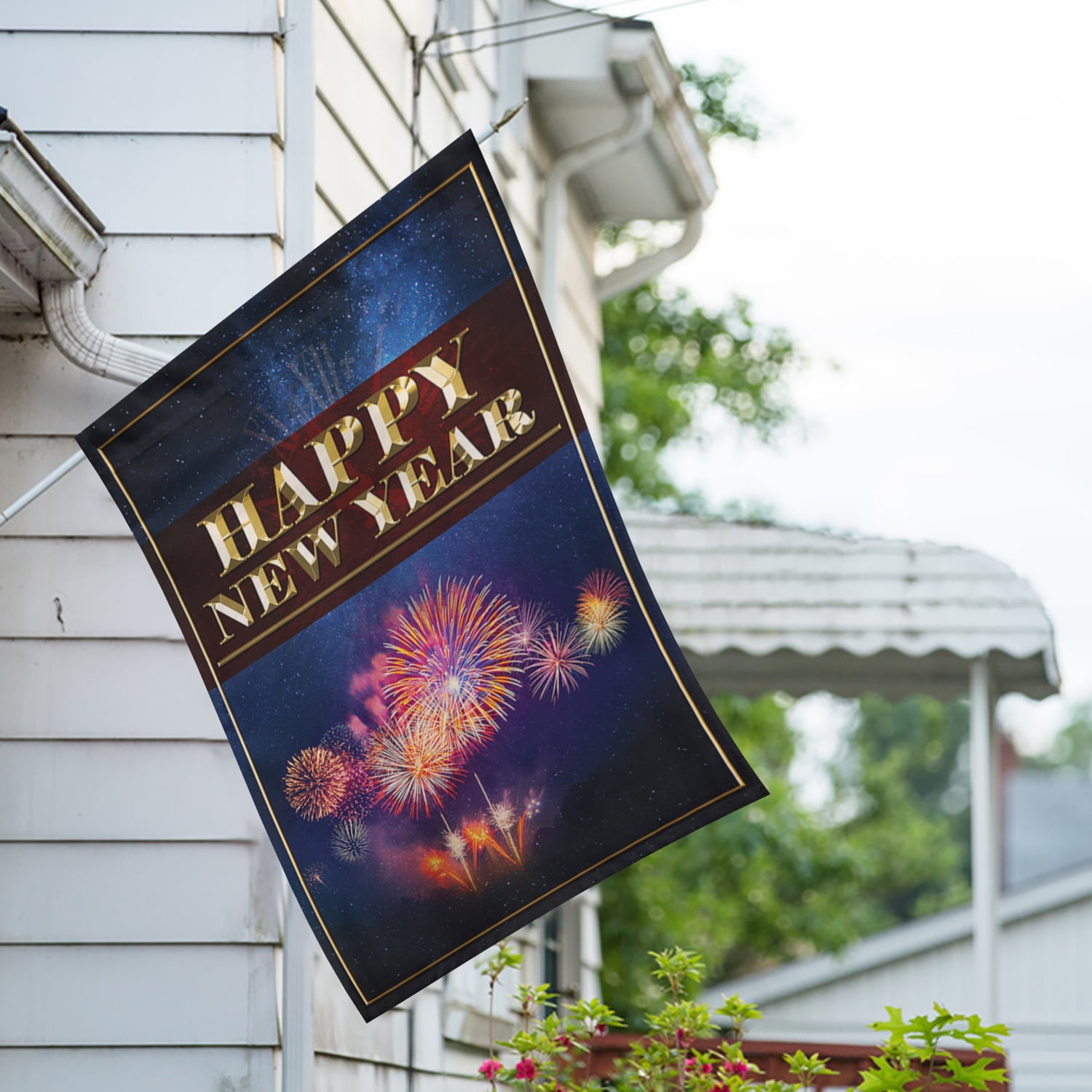 America Forever Happy New Year House Flag, 28 x 40 inch Double Sided, Fireworks Celebration Banner, Metallic Golden Banner, New Year Party Outdoor Decor, Holiday Outside Decorations Yard Flag