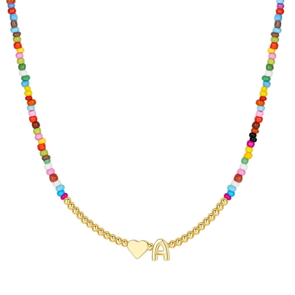 Turandoss Heart Initial Necklaces for Girls 14K Gold Plated Colorful Beaded Tiny Heart Pendant Choker Letter a-z Kids Jewelry Birthday Gifts for Women Teen Girls Trendy