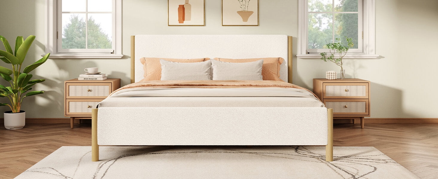 Bed Frames Modern White Boucle Upholstered Bed with Rubberwood Legs, Queen, White,Adjustable Bed Base
