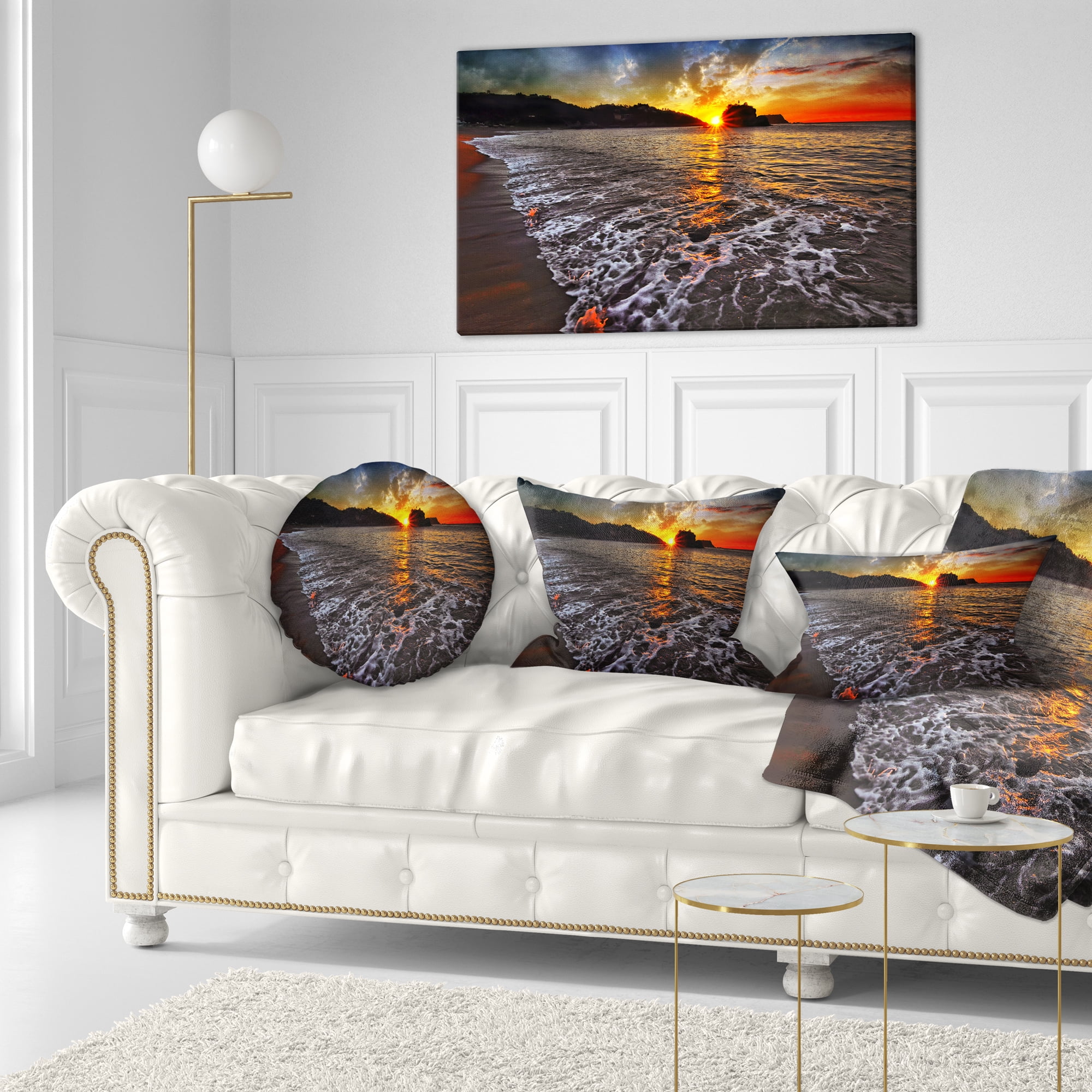 Designart Setting Sun and White Waves - Seashore Photo Throw Pillow - 12x20