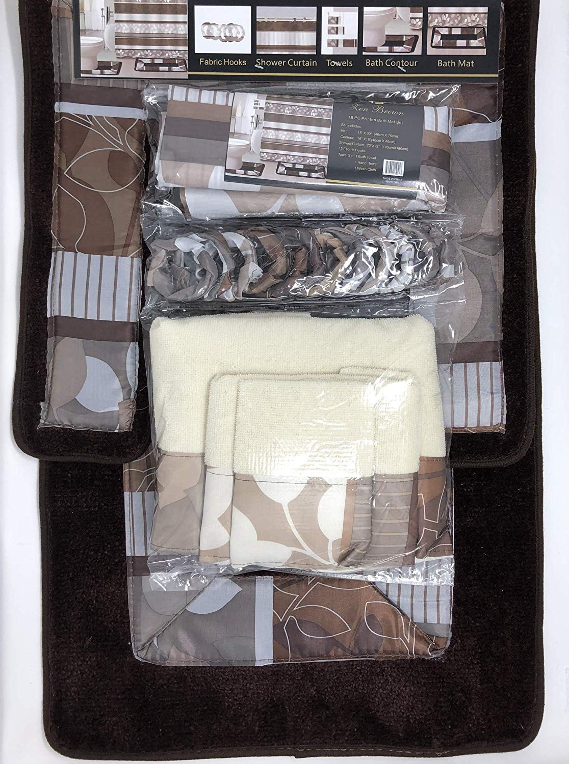 Zen Coffee Brown 18-Piece Bathroom Set: 2-Rugs/mats, 1-Fabric Shower Curtain, 12-Fabric Covered Rings, 3-pc. Decorative Towel Set&nbsp;