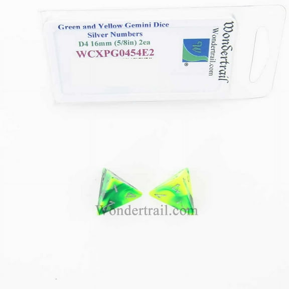 Green and Yellow Gemini Dice with Silver Numbers D4 Aprox 16mm (5/8in) Pack of 2 Wondertrail