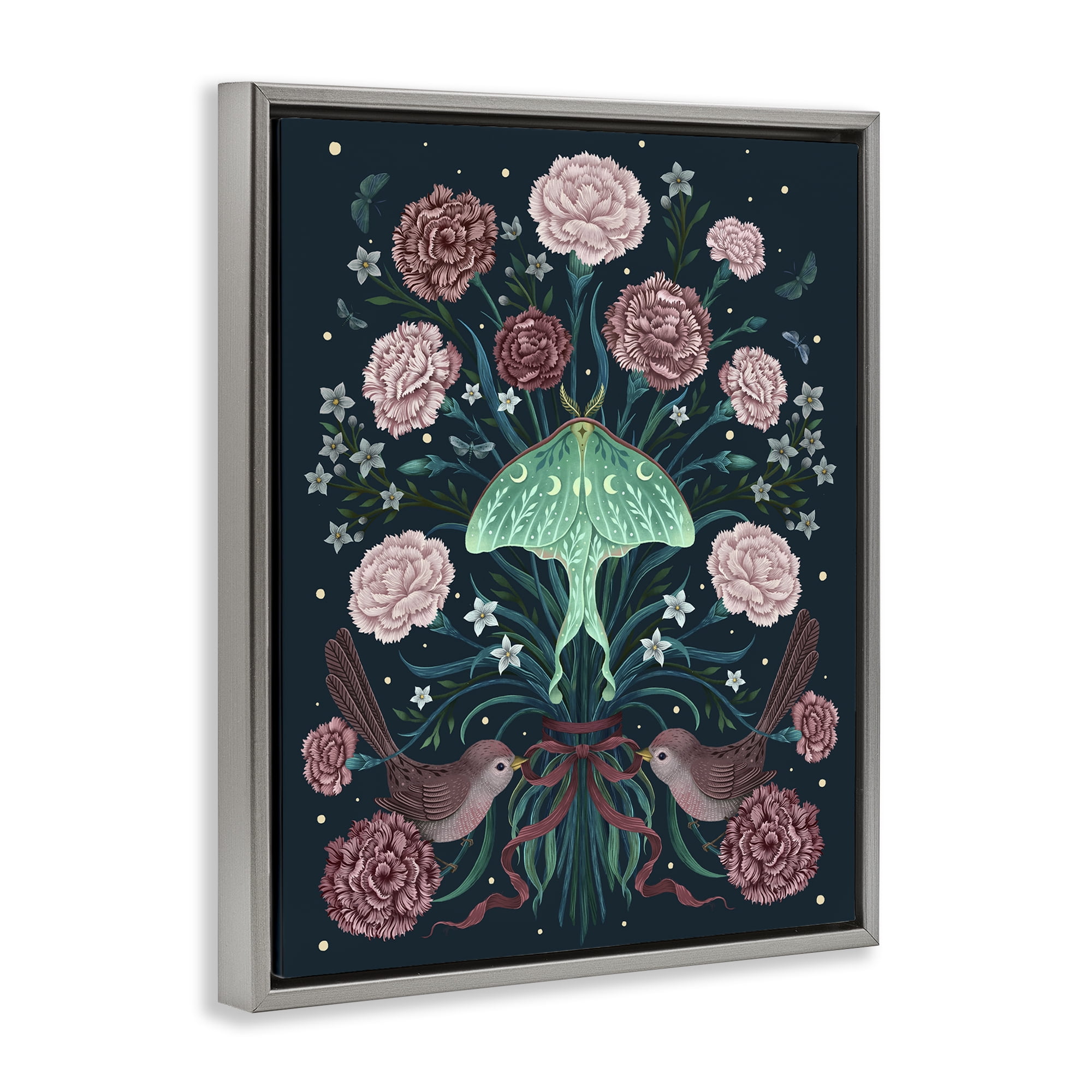 Stupell Industries January Carnations & Moth Gray Framed Floater Canvas Wall Art, design by Episodic Drawings