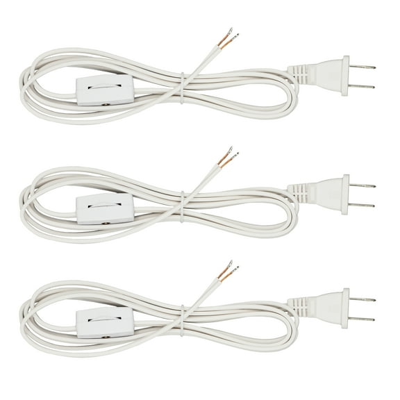 Creative Hobbies White Lamp Cord with Rotary Switch, Polarized Plug, Stripped Ends Ready for Wiring and Repairing Lamps - UL Listed Safe, 6 Foot | 3 Pack