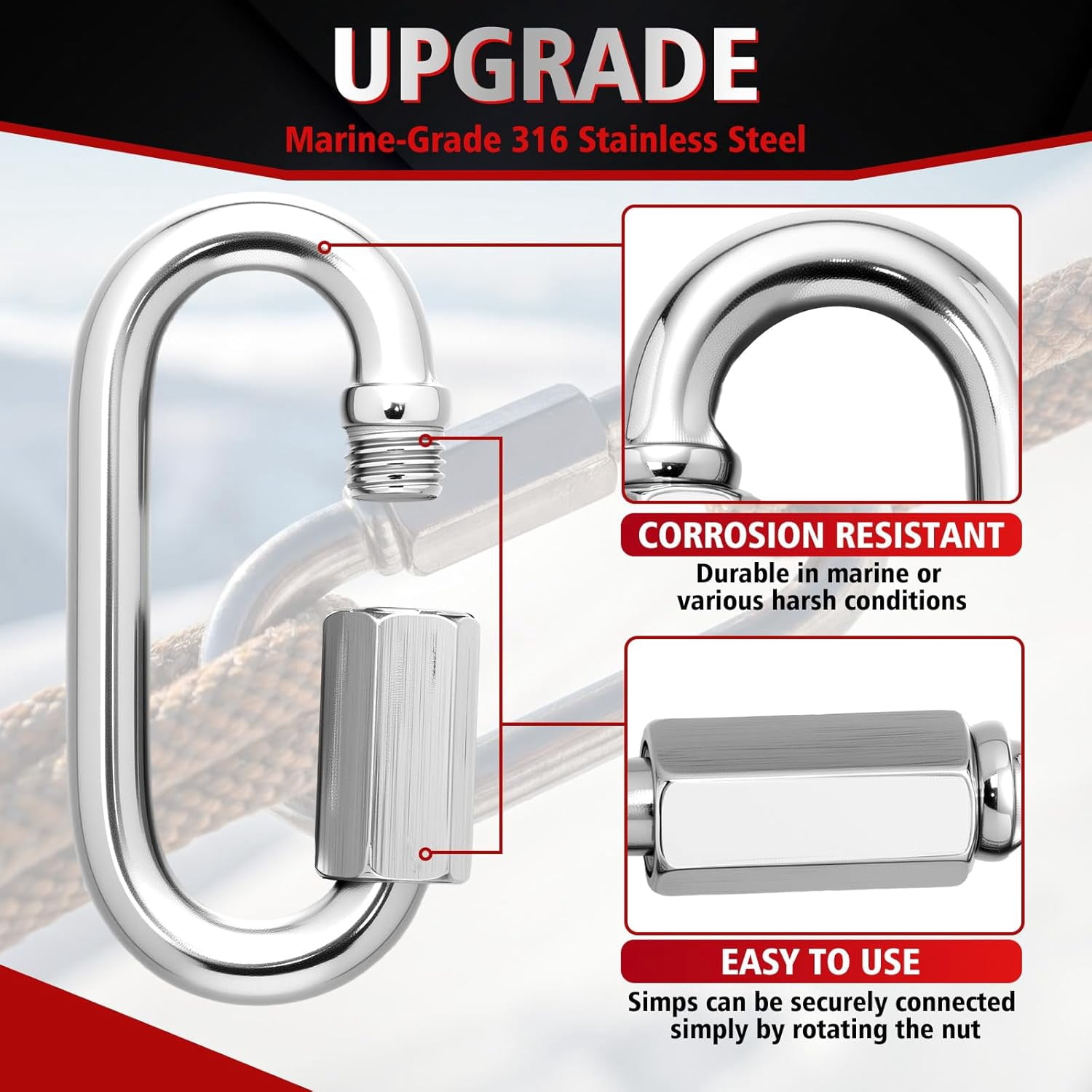 8 packs of 316 stainless steel heavy duty quick link type locking chain connectors, 875-2300 pound working load, ship grade safety chain, suitable for trailers, camping, industrial use (5/16 inch)