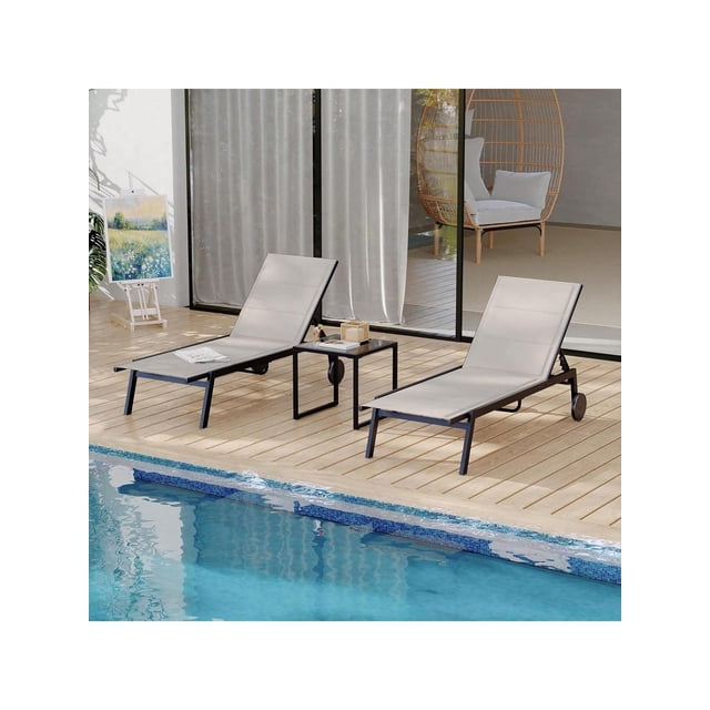 Eastvita Ensemble de 3 Chaises Longues d'Extérieur pour la Maison avec Roues/dossier Réglable - Chaises Longues de Bord de Piscine avec Table d'Appoint pour Patio