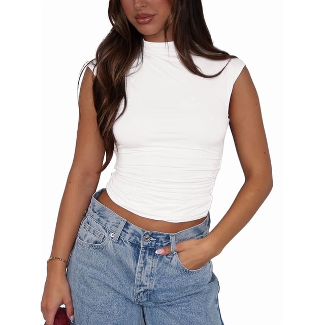 Sleeveless Crop Tops for Women Mock Neck Ruched Tank Tops Y2k Going Out Tops Solid Slim Fitted Shirts White XXL