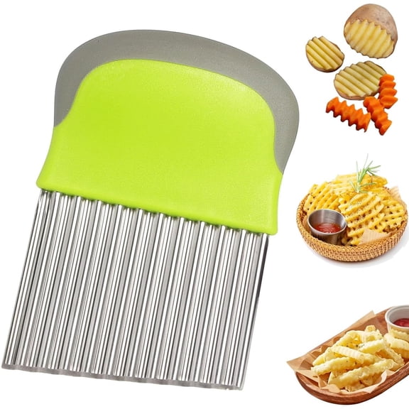 Crinkle Cutter,Topboutique French Fry Slicer,Large Stainless Steel Potato Knife Cutter,Potato Chips Chopper,Fruit Vegetable Wavy Chopper for Carrots,Butters,Crinkle Slicer,Green