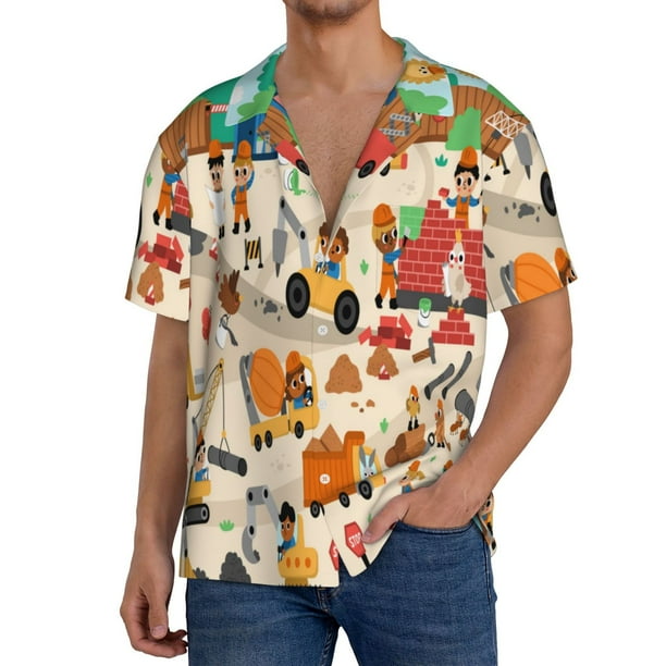 Fotbe construction road work landscape Camisa Estampada de Manga Corta para Hombre, Casual de Verano, Estilo Playero, Sin Arrugas-Medium