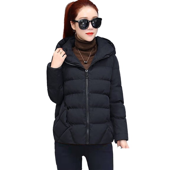comerut Women Winter Hooded Jacket Solid Color Long Sleeve Loose Thick Warm Down Cotton Short Coat for Cold Weather All-match Streetwear Outwear