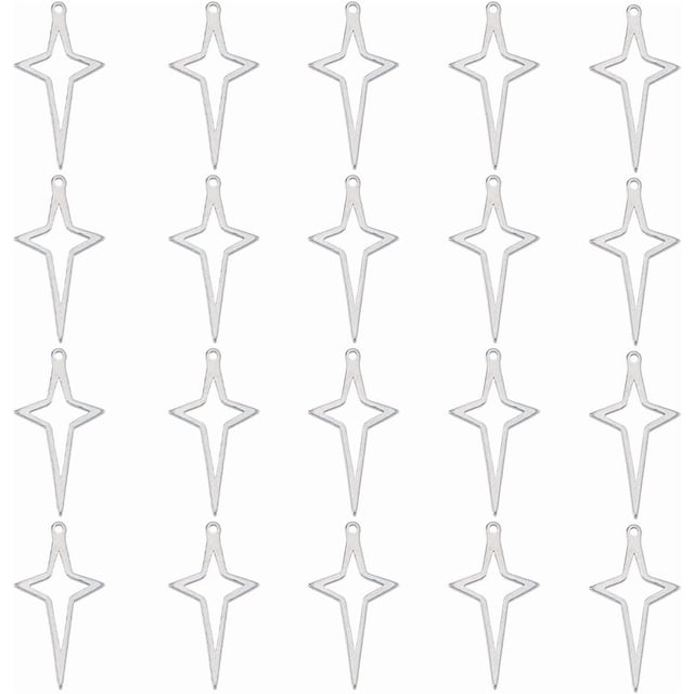 1 caja de 80 dijes de estrella de 4 puntas, dijes de estrellas huecos de acero inoxidable, dijes de estrella de Navidad con forma de satélite y planeta celestial plateado