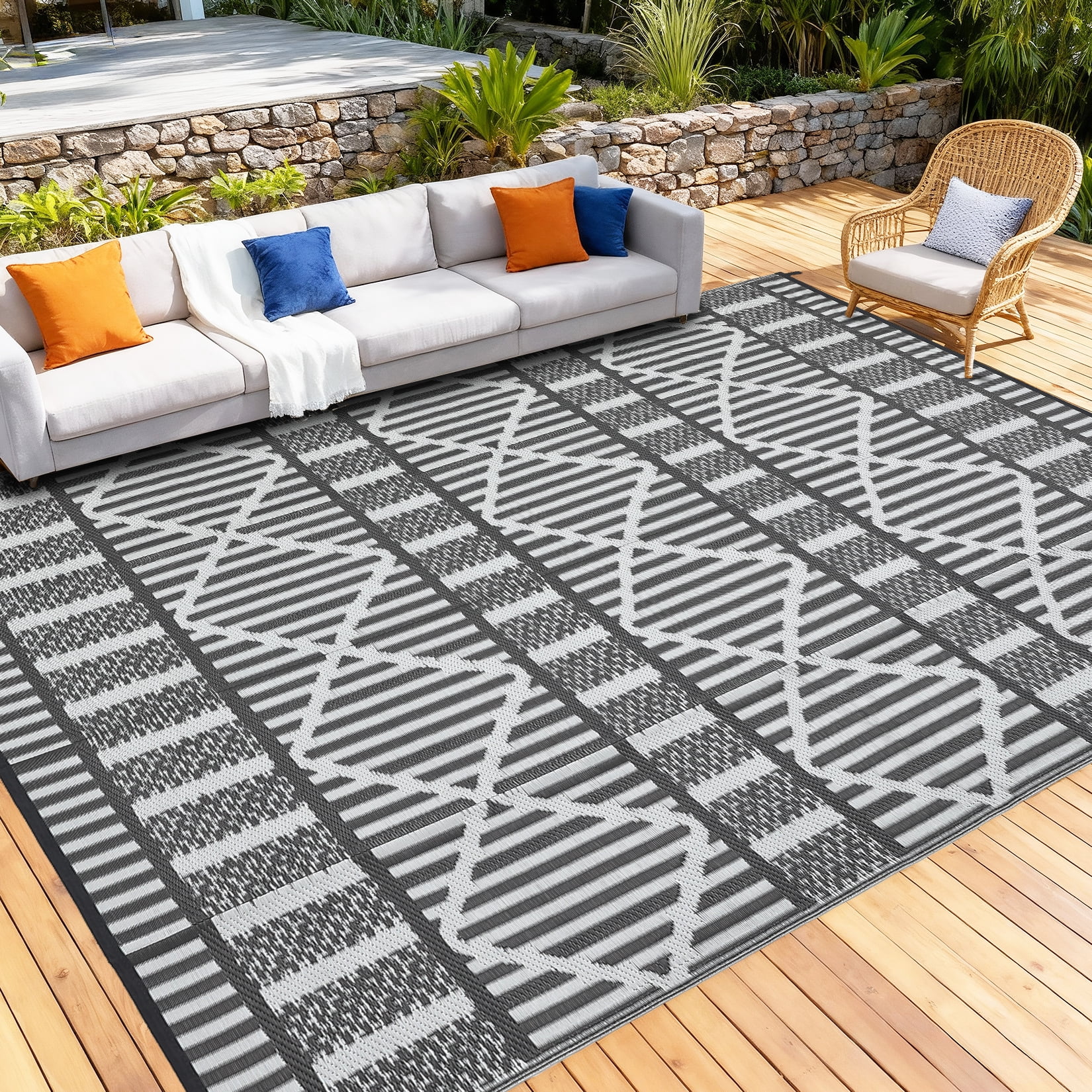 Garvee 8'x10' Outdoor Rug Waterproof Outdoor Patio Rug Mat, Reverisble Plastic Straw Outdoor Rug for RV Camping Picnic Beach Balcony, Gray and White