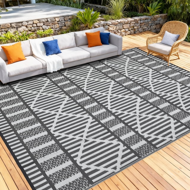 Nanan 8'x10' Geometric Outdoor Rug, All-Weather Waterproof Patio Mat, UV Resistant, Stain Resistant, Easy Clean Plastic Rug for Patio Garden RV Campsite,Grey White