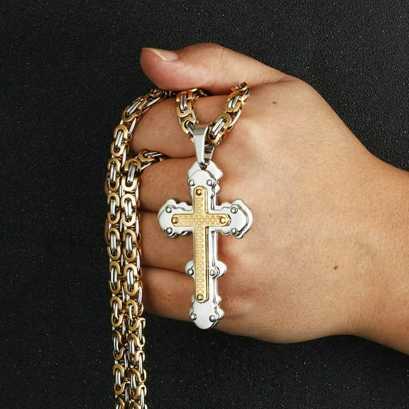 Orthodox Cross Pendant Necklaces for Men 14K Yellow Gold Catholic Jesus Necklace Byzantine Chains Male Jewelry